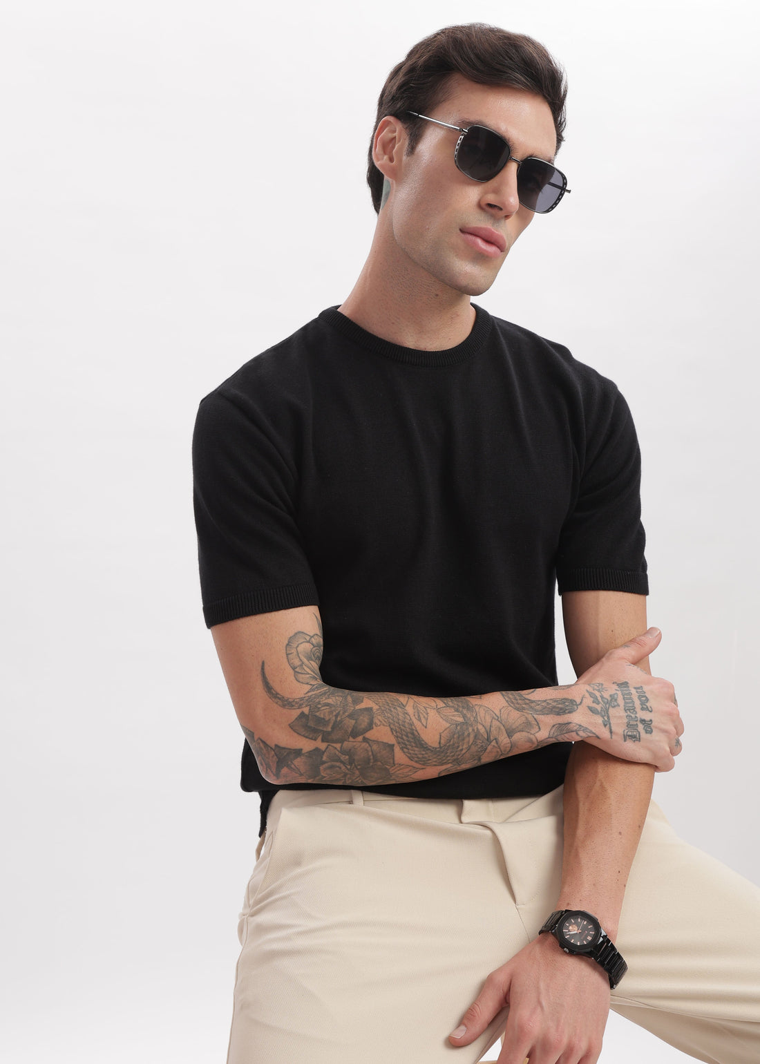 Model wearing Onyx Crewneck from The Seasons