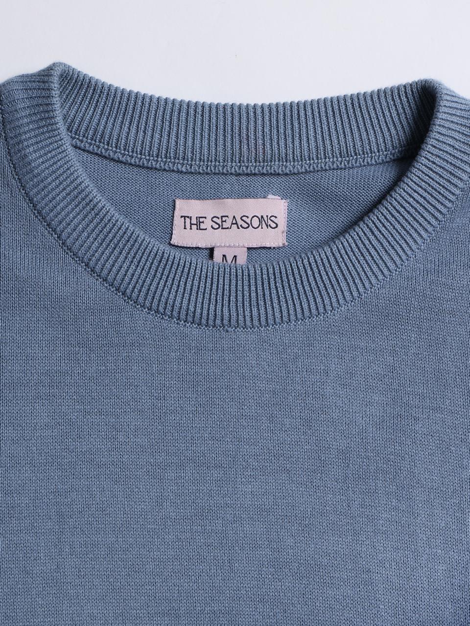 Close-up of Frosted Blue Crewneck – Soft Cotton Knit Fabric Detail from The Seasons