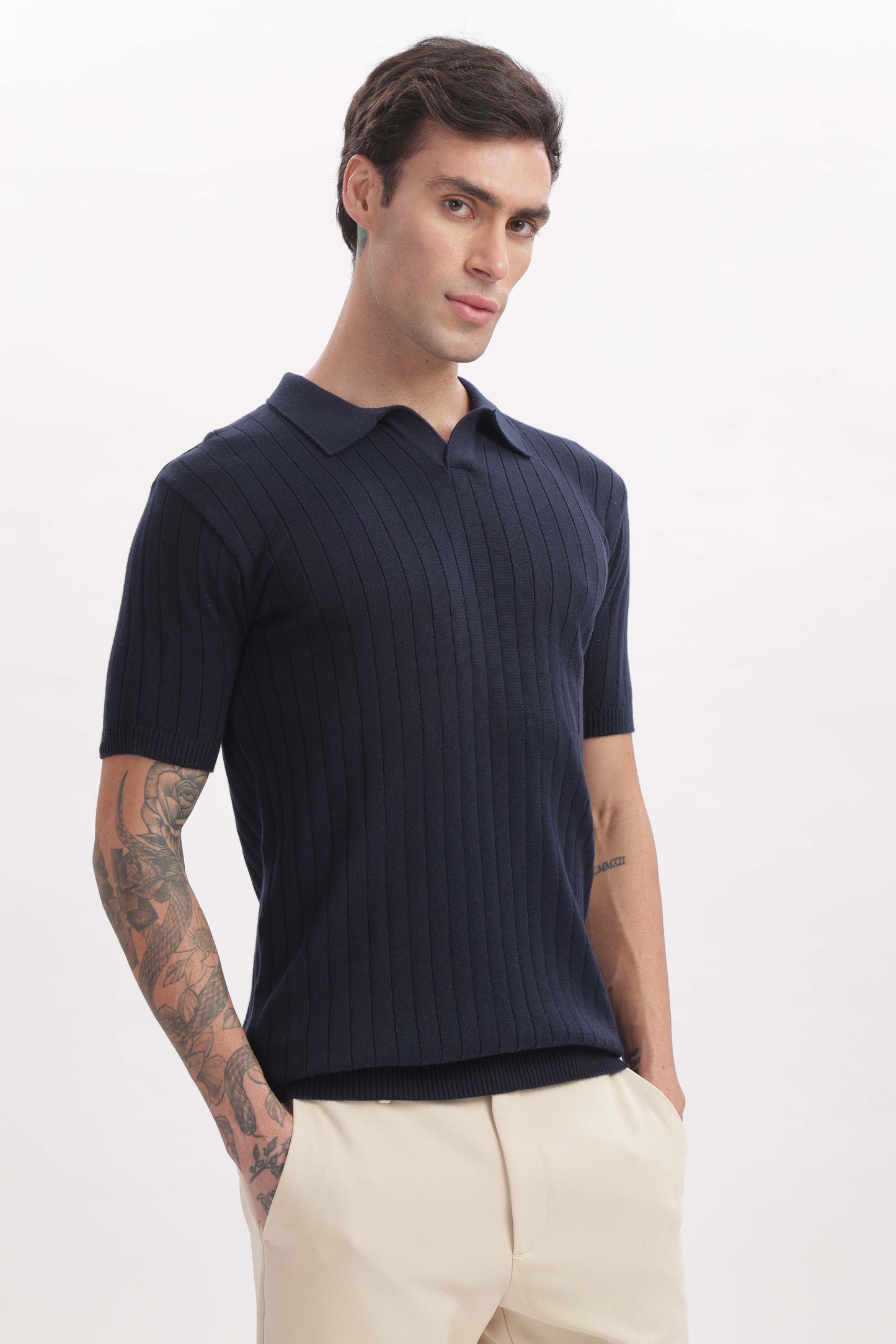 Men’s buttonless marine blue polo shirt – front view of luxury polo from The Seasons