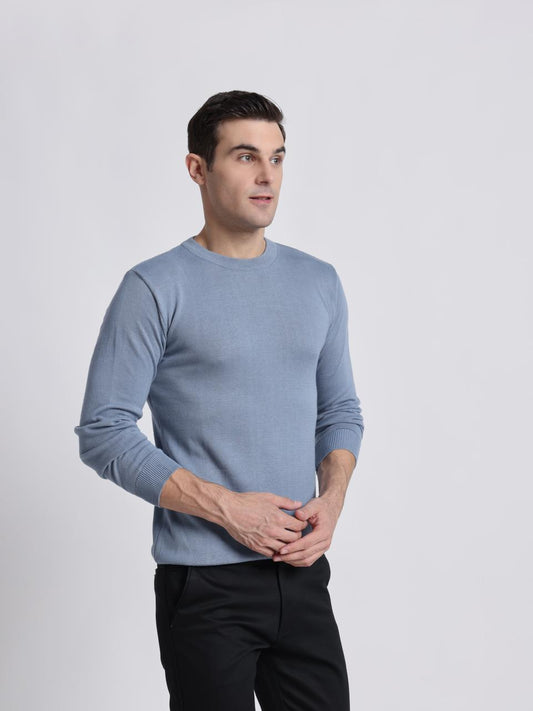 Frosted blue crewneck with a soft texture and relaxed fit, ideal for casual layering.