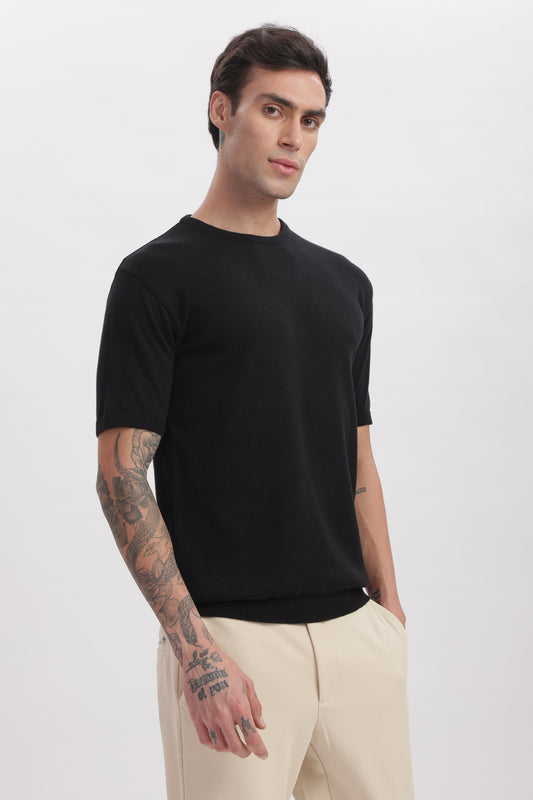 Men’s onyx black half sleeves crewneck T-shirt – front view by The Seasons