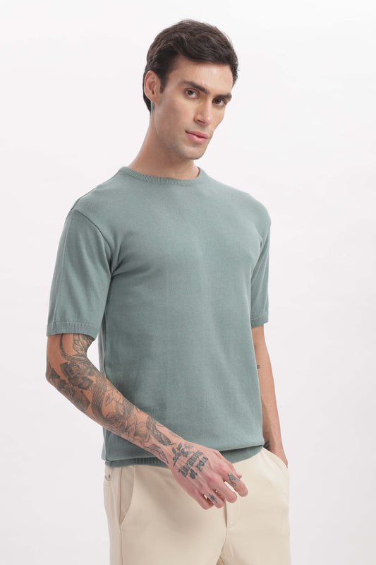 Men’s sage green half sleeves crewneck T-shirt – front view of luxury basics by The Seasons